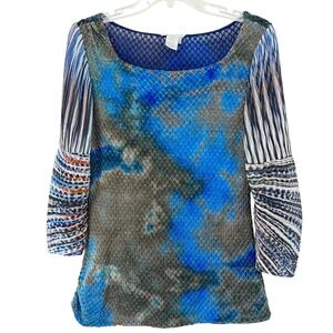 Alberto Makali Abstract Print Beaded Mesh Top M Puffy Sleeve Artsy Evening
